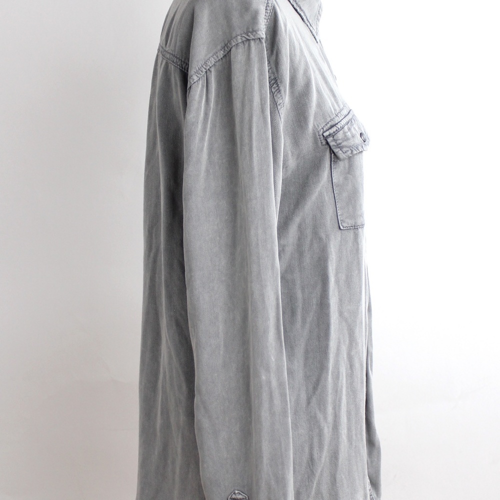 Draped Gray Button Down Rayon Shirt Distressed Top - image 4